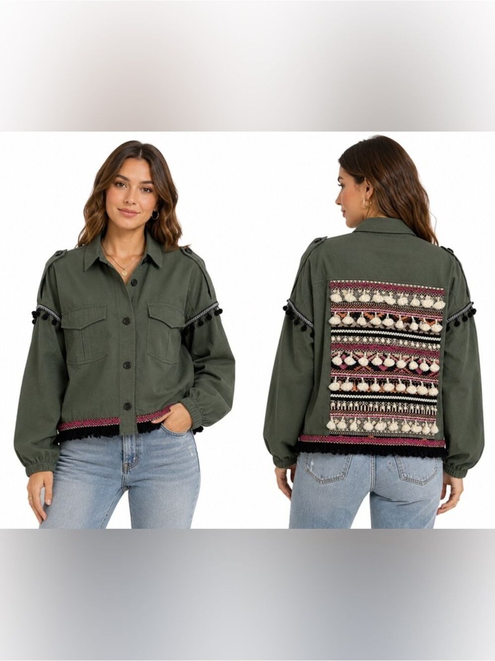 Zara Green Embroidered Jacket Tasseled Boho Style Size Med Fringe Softcore Chic